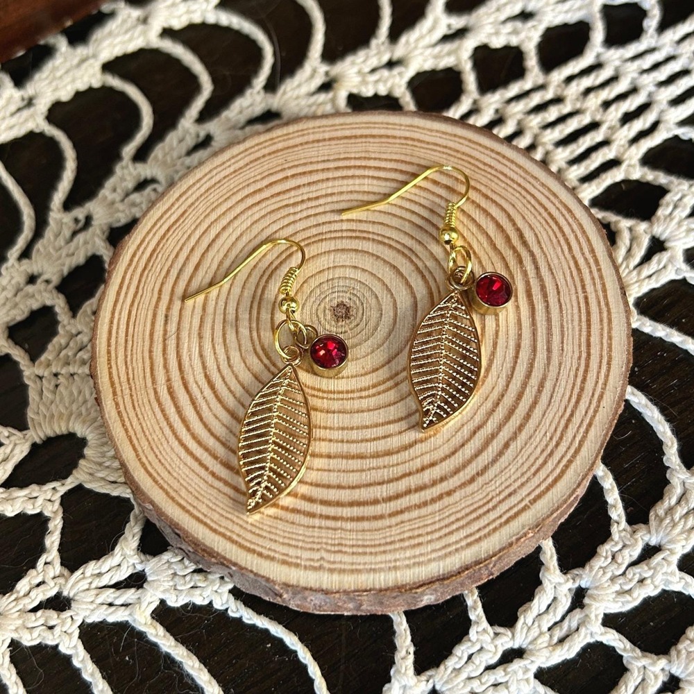 Gold Leaf Earrings with‎ Red Rhinestone Drop Dangle Fashion Jewelry for Women - Picture 2 of 5